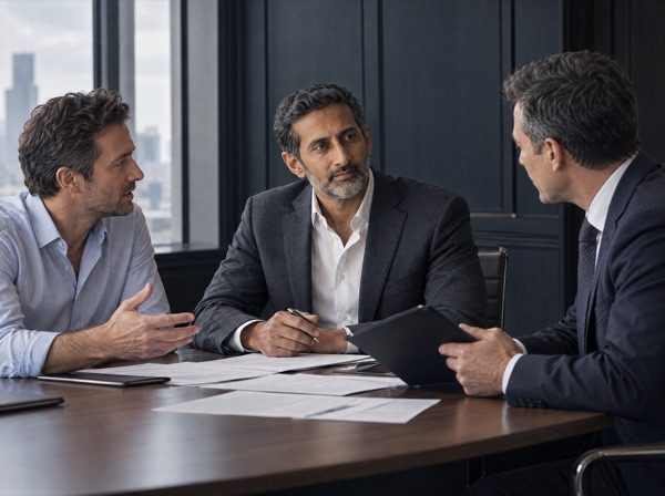 The principal in a meeting with a client and another adviser around a boardroom table