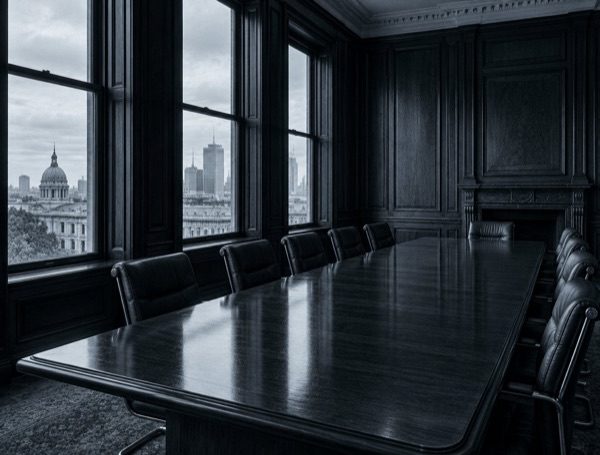 An empty panelled boardroom with tall windows over the city