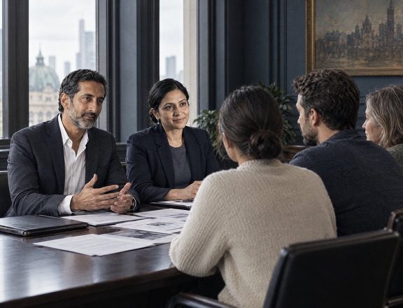 The principal and a colleague meeting with a family group around a boardroom table
