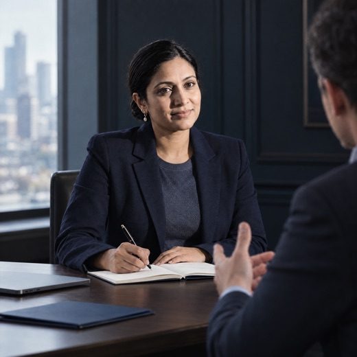 An adviser taking notes across the table from a client at a first meeting