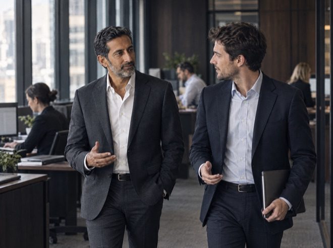 Two colleagues in conversation as they walk through an open-plan office