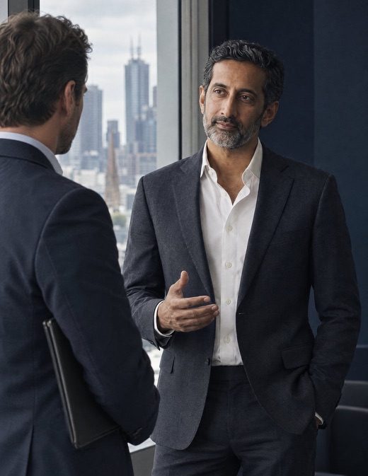 The principal in conversation with a client beside a window over the city