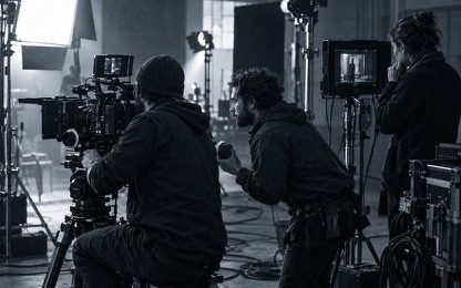 A film crew operating cameras on set