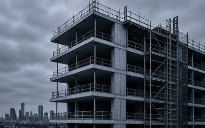 A multi-storey building under construction against the city skyline